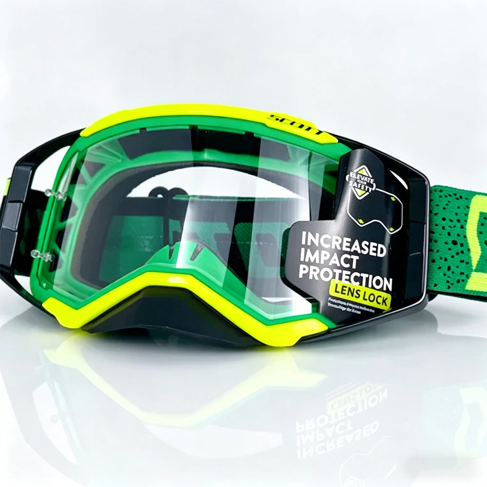 A pair of green and yellow safety goggles with a black frame and lens lock feature.