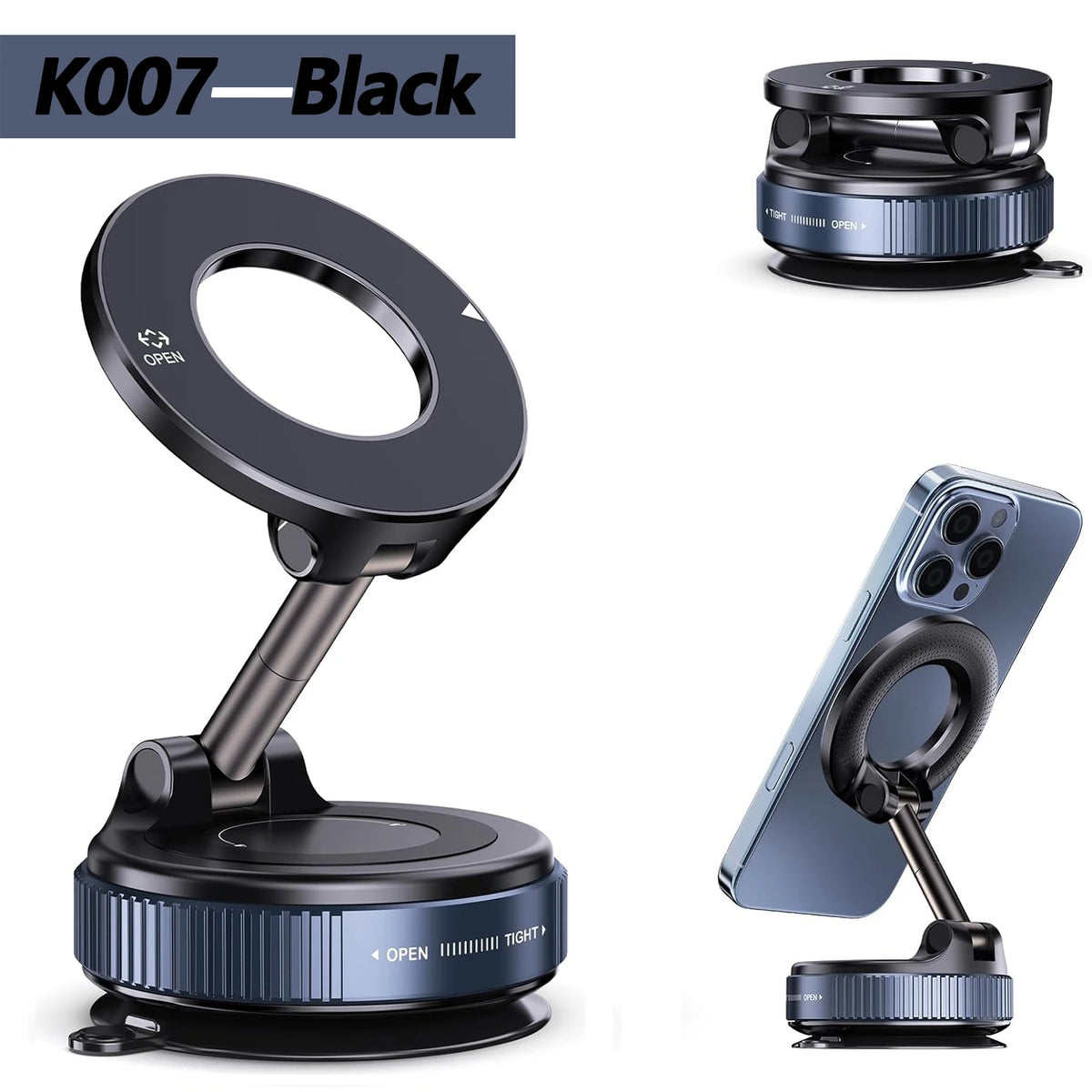 A black magnetic phone holder device with an open loop and a clamp mechanism shown in various views.