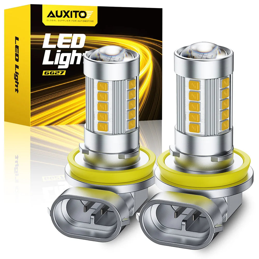 A pair of AUXITO LED Light 6G27 fog lights shown next to their packaging box.