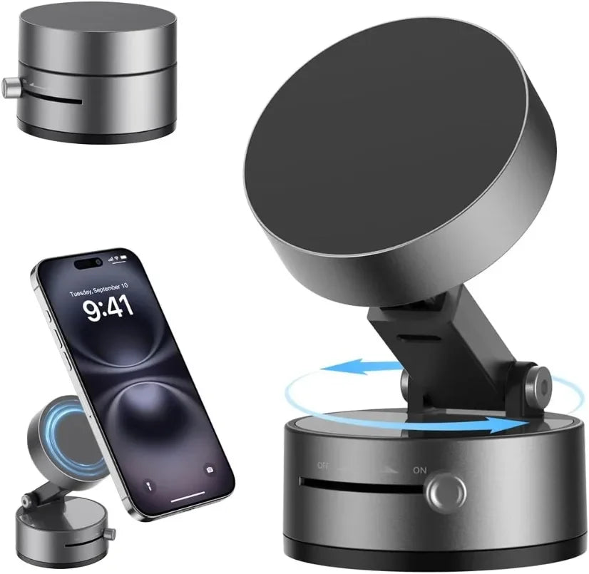 A heavy duty magnetic phone holder with a round base and a flat top, shown next to a smartphone.