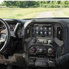 Interior view of a truck dashboard showing the center console navigation panel trim cover.