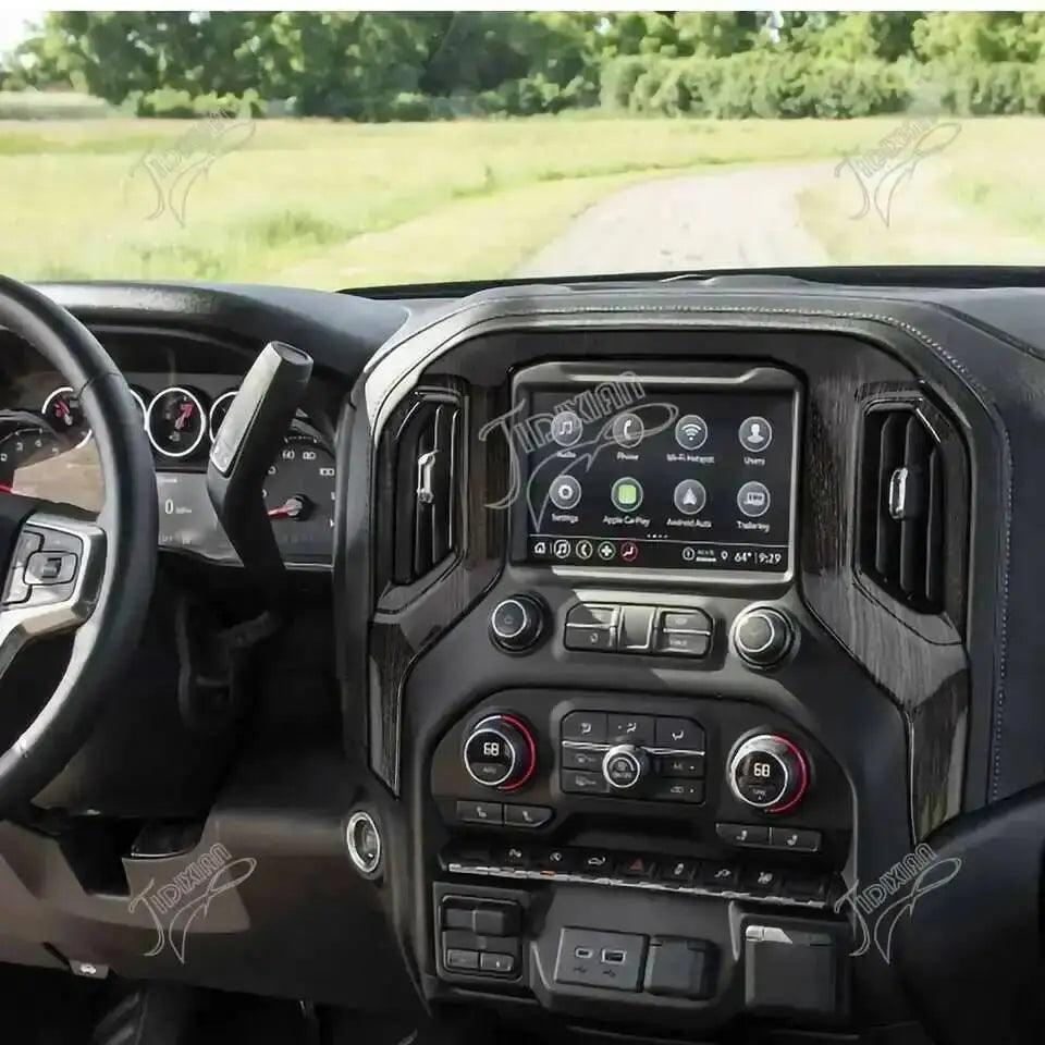 Interior view of a truck dashboard showing the center console navigation panel trim cover.