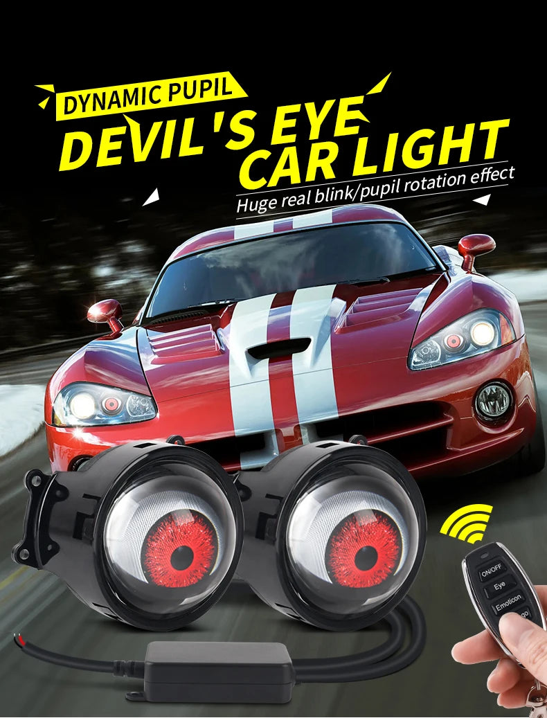 A pair of red devil's eye car lights are shown with a wiring harness and a red sports car in motion.