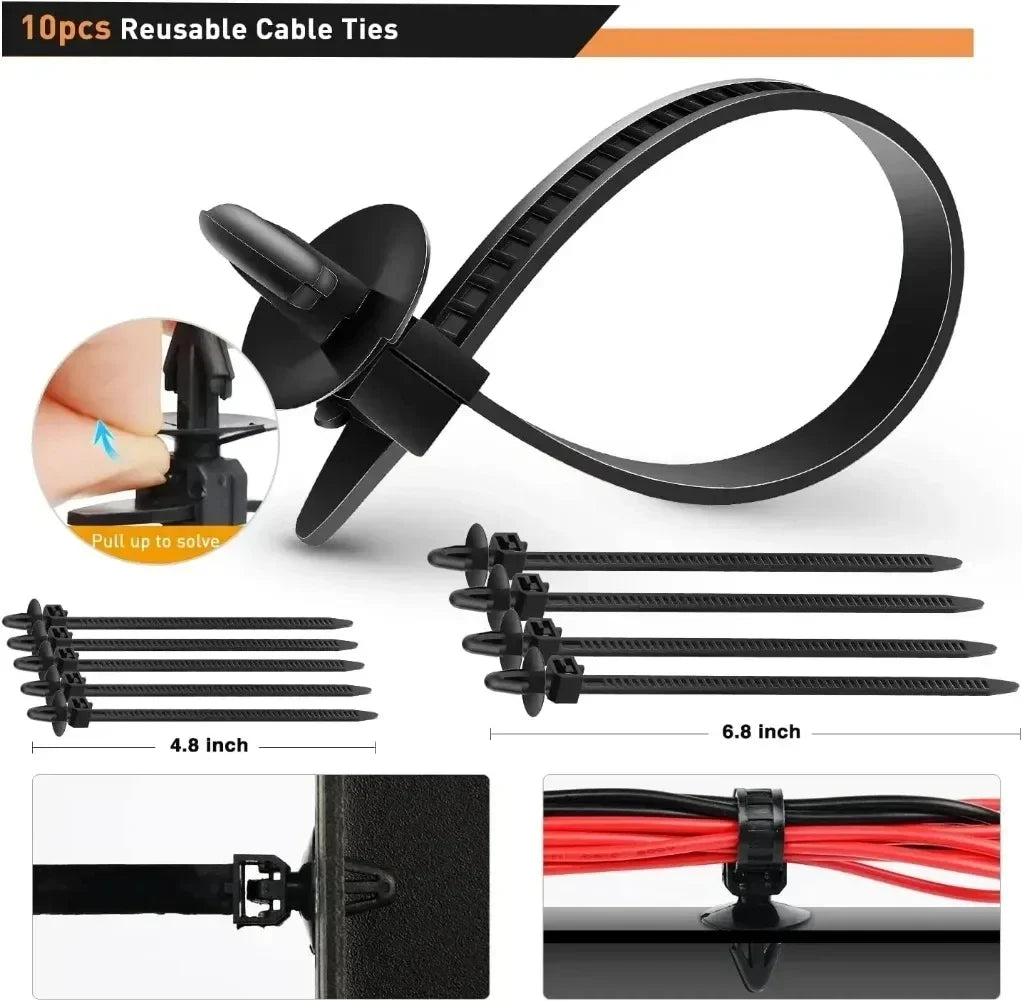 Un juego de sujetadores y tiras reutilizables negras para cables, incluyendo clips, remaches y varios tamaños.