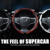 Three versions of a steering wheel cover featuring carbon fiber accents and different color schemes.