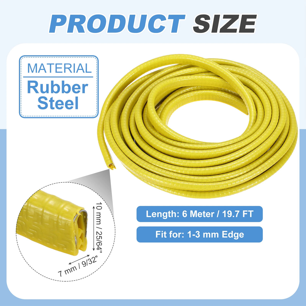 Perfil de acero de goma amarilla enrollado para sellar, con 6 metros de largo y apto para bordes de 1 a 3 mm.