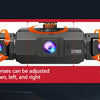 A black multi-camera 360 degree dash cam with adjustable lenses shown in various angles.