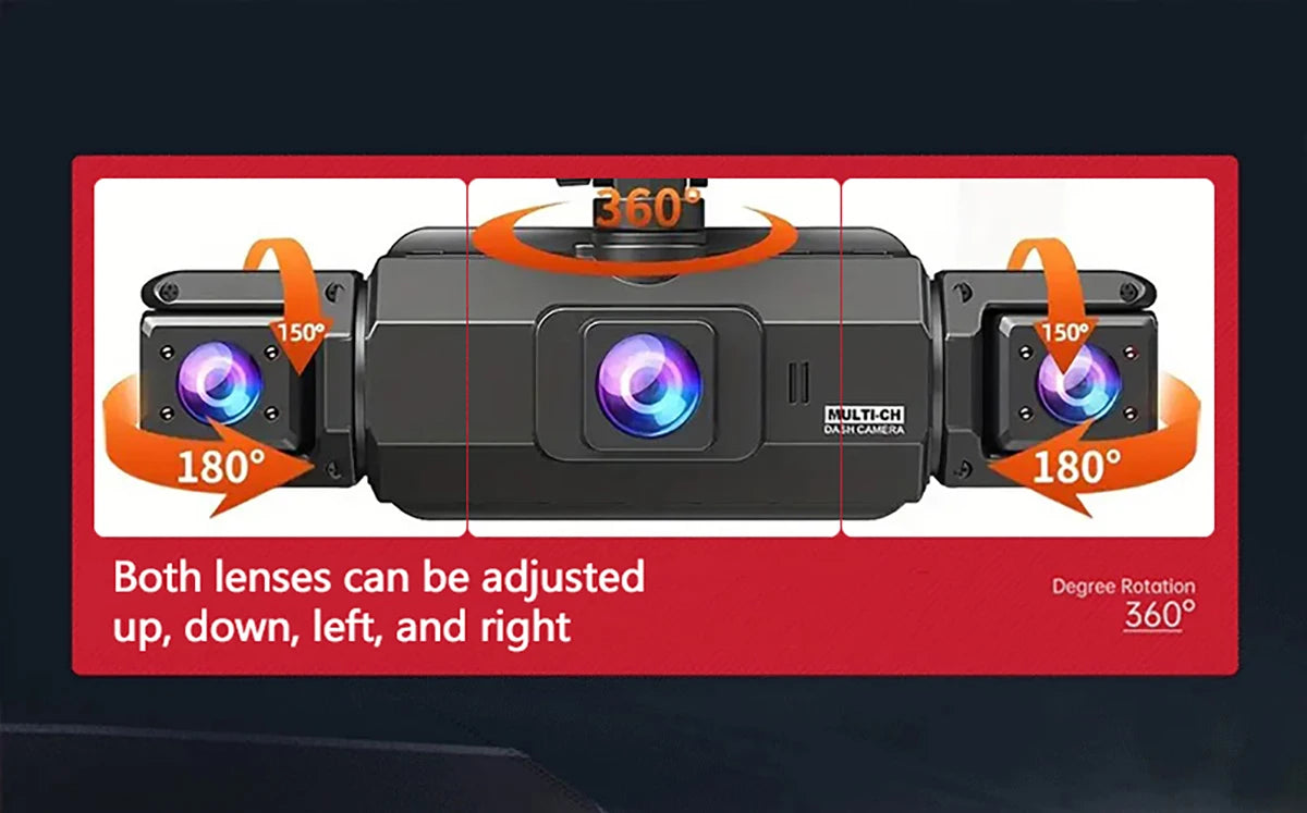 A black multi-camera 360 degree dash cam with adjustable lenses shown in various angles.