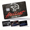 A black card featuring a white hellcat logo and red text, with smaller cards below it.