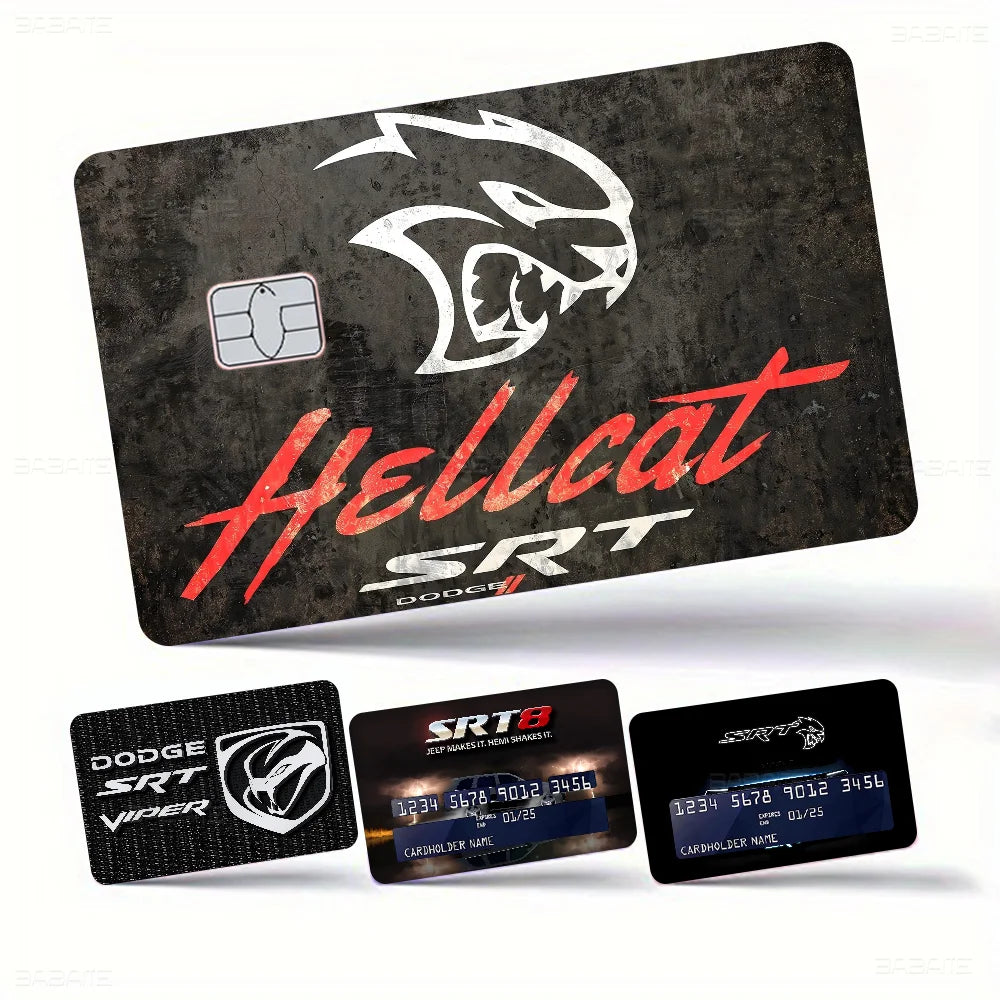 A black card featuring a white hellcat logo and red text, with smaller cards below it.
