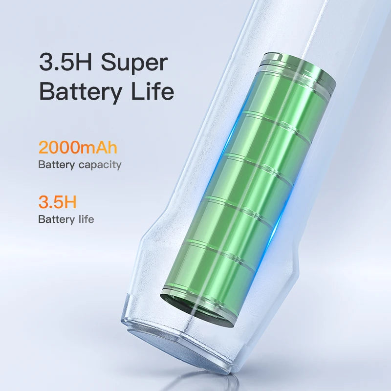 A cylindrical green battery with a clear plastic casing is shown inside a transparent container.