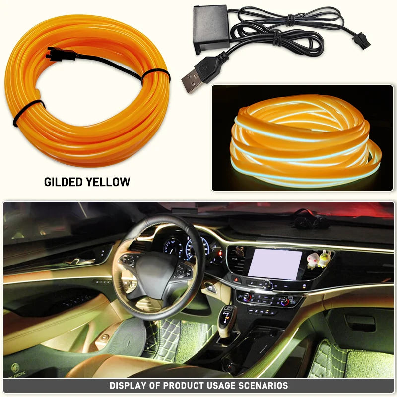 A coiled gilded yellow flexible LED wiring strip and a display of its usage in a car interior