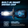 A close-up view of a built-in smart driver chip LED headlight bulb with blue glowing circuitry.
