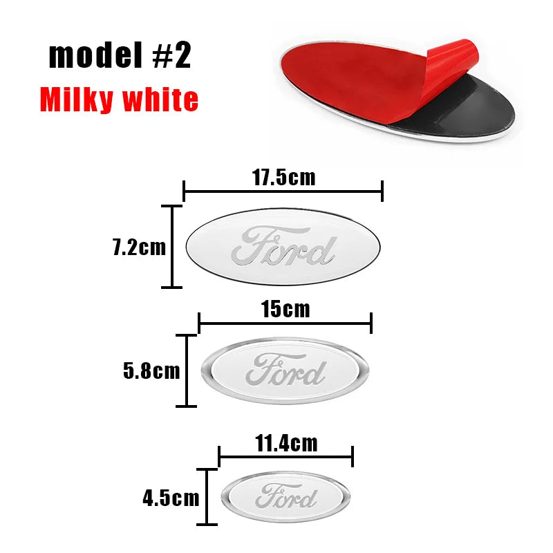 Red and black car badge emblem decals for various Ford models, showing different sizes.