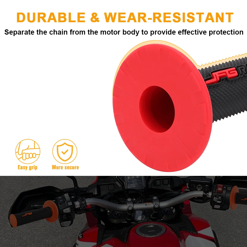 A close-up view of a red motorcycle handlebar grip designed for durable and wear-resistant protection.