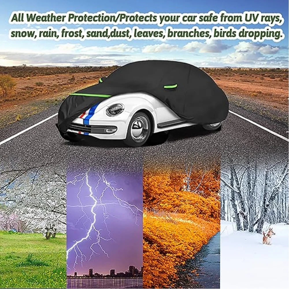 A black all-weather car cover protects a white VW New Beetle from various weather conditions.