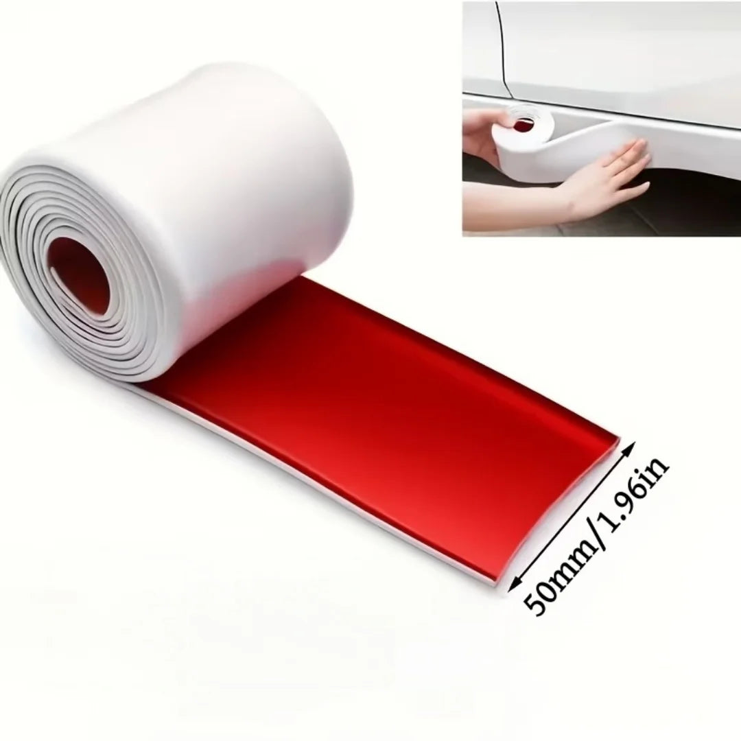 Roll of red self-adhesive PVC car side protection strip being applied to a car window.