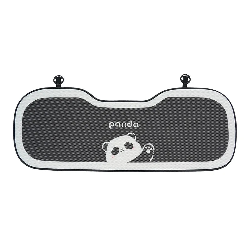 A black padded car seat cushion featuring a cute white panda design.