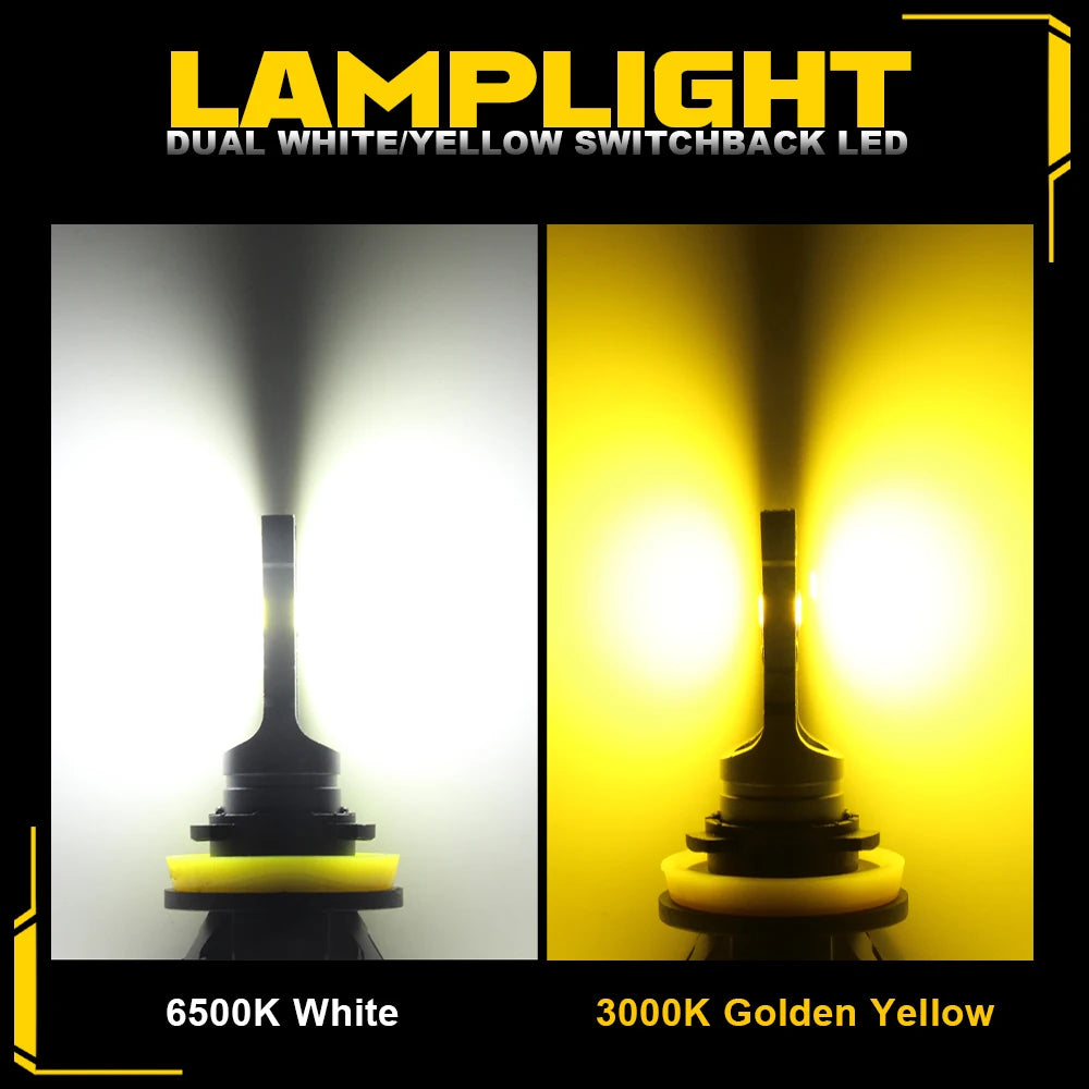 Two images showing a white 6500K LED light and a golden yellow 3000K LED light switchback lamp