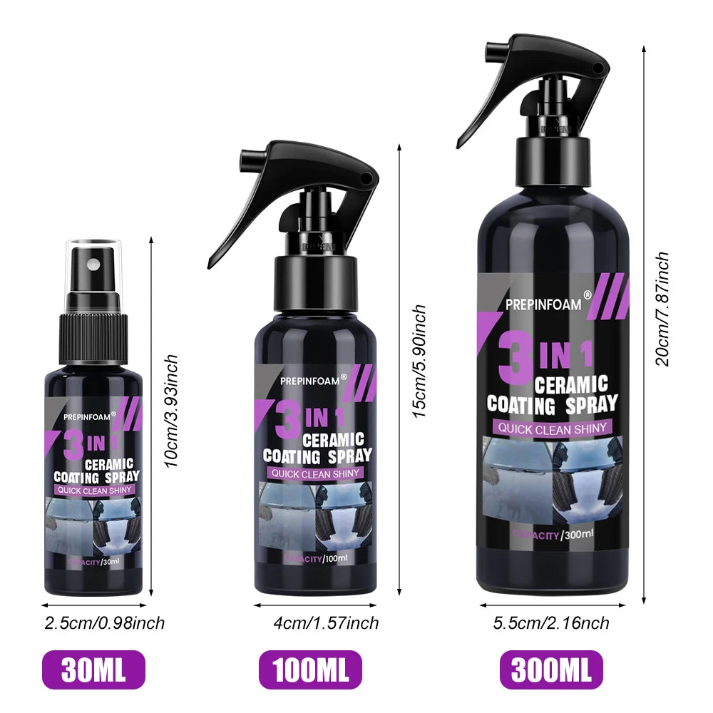 A collection of Prepinfoam ceramic coating sprays in various sizes, including 30ml, 100ml, and 300ml bottles.