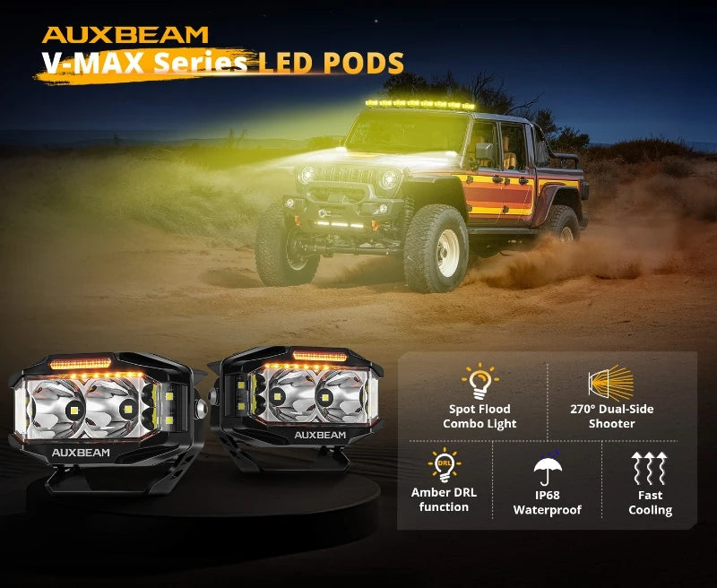 Auxbeam V-MAX Series LED pods mounted on a vehicle driving through dust and dirt.