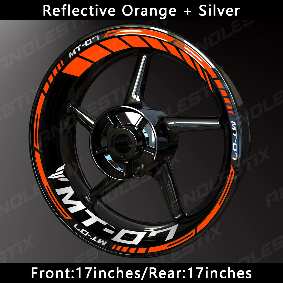 Reflective orange and silver motorcycle wheel decals for a Yamaha MT-07
