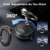 A black magnetic car phone mount with a suction base demonstrating 360-degree adjustment capability.