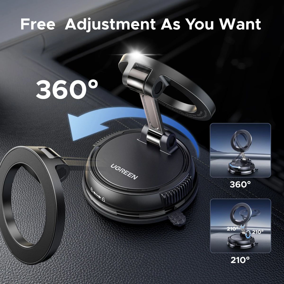 A black magnetic car phone mount with a suction base demonstrating 360-degree adjustment capability.