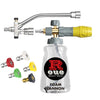 A silver and yellow dual-outlet pressure washer foam cannon adapter with a clear bottle.