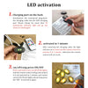 Instructions for LED activation of a multi-function rechargeable wireless car light, showing charging and on/off procedures