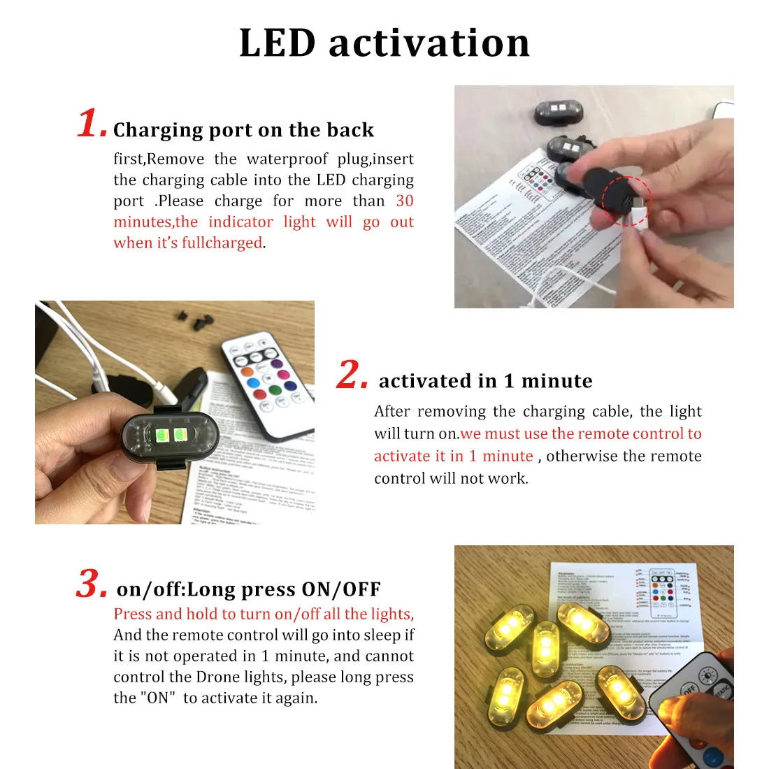 Instructions for LED activation of a multi-function rechargeable wireless car light, showing charging and on/off procedures