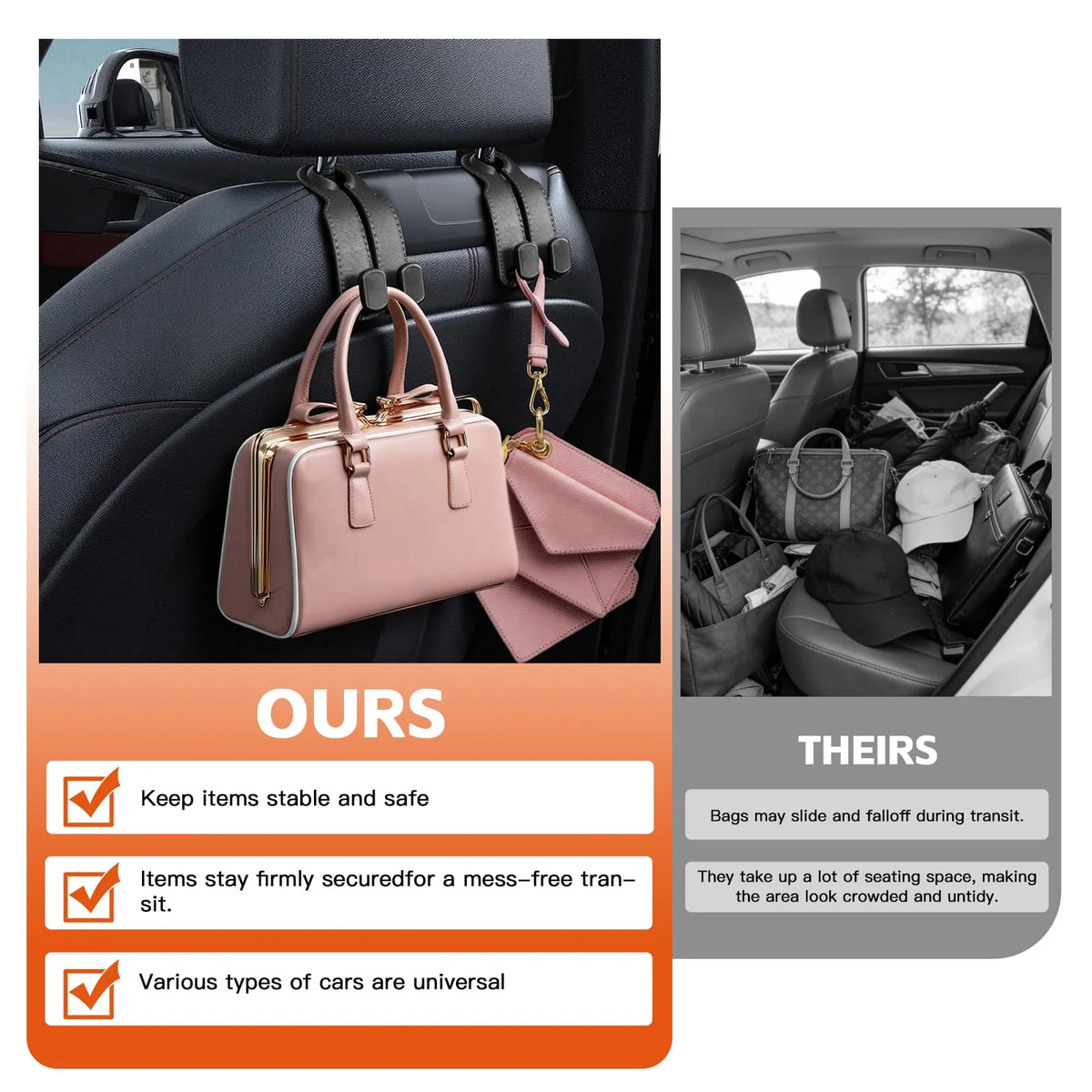 Pink leather car headrest storage hooks with fabric bags for secure item transport
