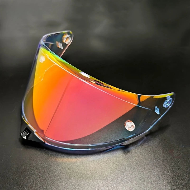 Clear polycarbonate motorcycle helmet visor with a vibrant rainbow gradient finish