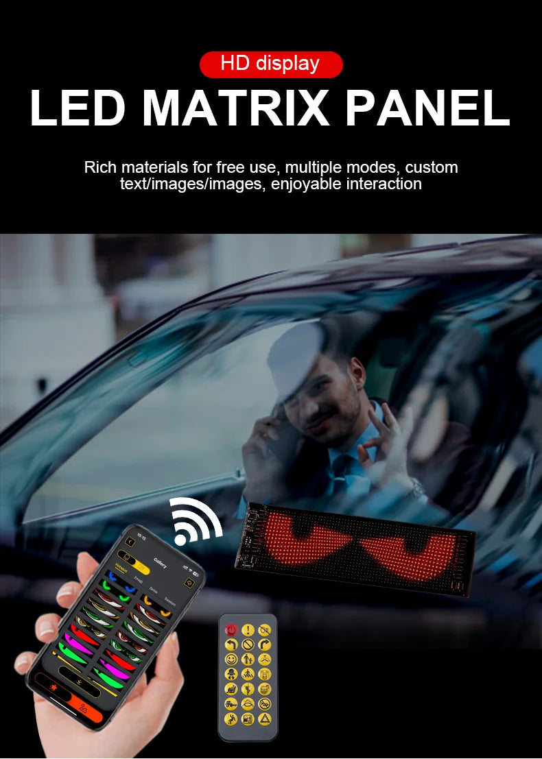A hand holds a small LED matrix panel light with an app control interface, displayed in the context of a car window.