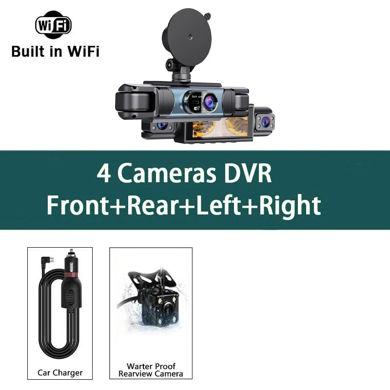 A black DVR camera unit with four lenses is shown alongside a car charger and a waterproof rearview camera.