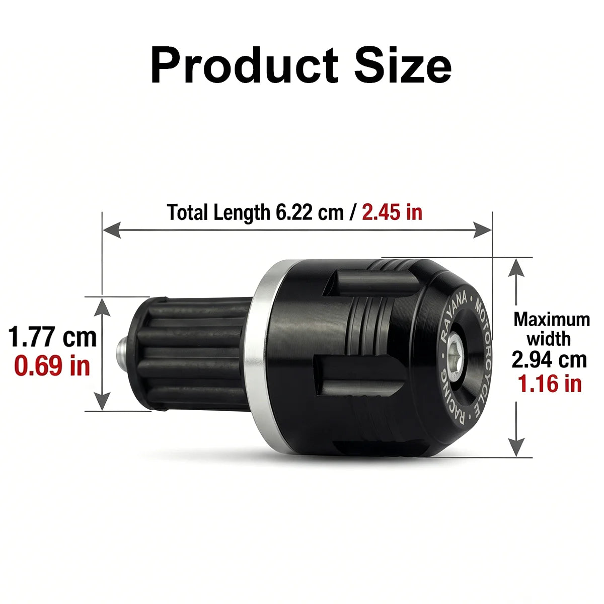 Diagram showing the dimensions of a motorcycle handlebar end plug, including total length and maximum width.