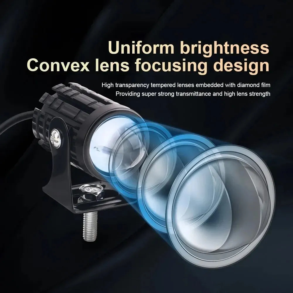 A convex lens focusing design for a headlight, featuring high transparency tempered lenses and diamond film.
