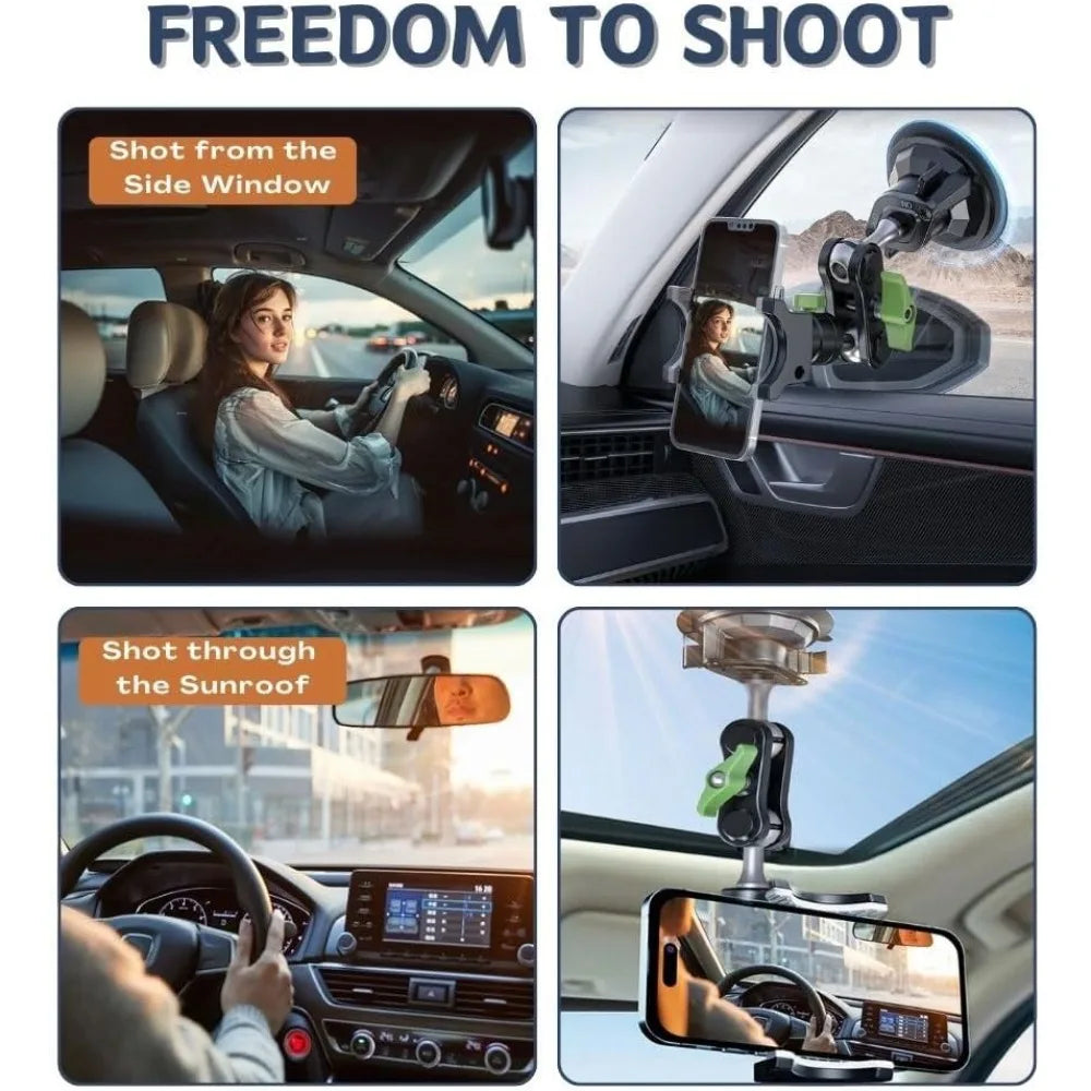 Various methods shown for shooting photos from a car, including the side window, sunroof, and dashboard.