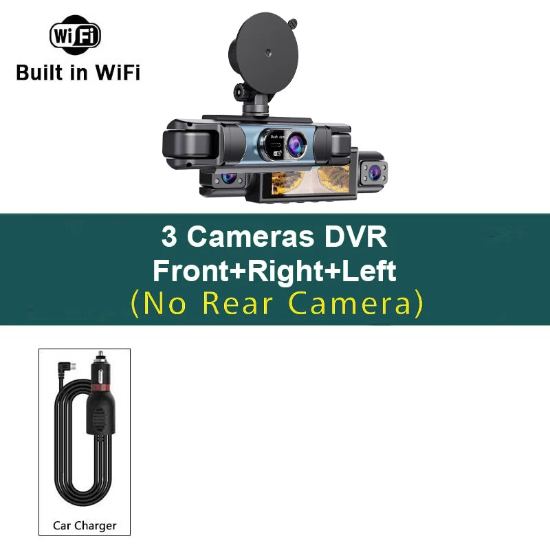 A black 4-channel DVR dash cam system featuring three front cameras and one right camera with a built-in Wi-Fi module.