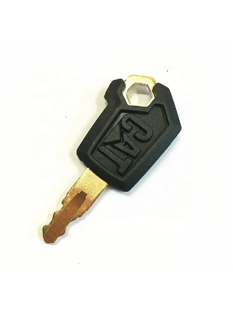 A black ignition switch key set for a heavy-duty excavator, featuring a brass blade and a hexagonal key head.