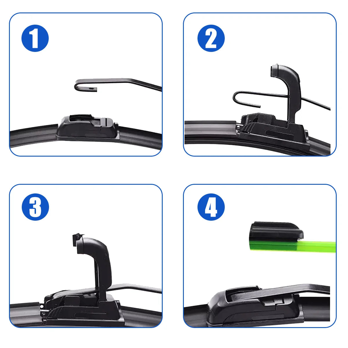 Four steps showing the replacement of natural rubber windshield wiper blades on a car.