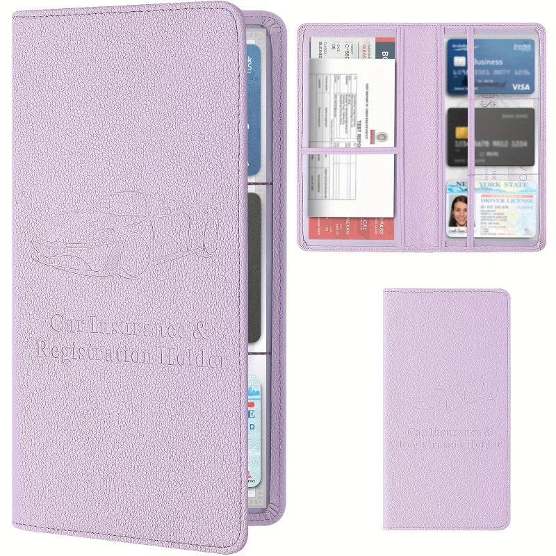 A purple faux leather car insurance and registration holder with a clear plastic sleeve organizer.