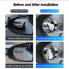 Before and after installation comparison showing improved visibility and balance of a 360 degree rotatable car blind spot mir