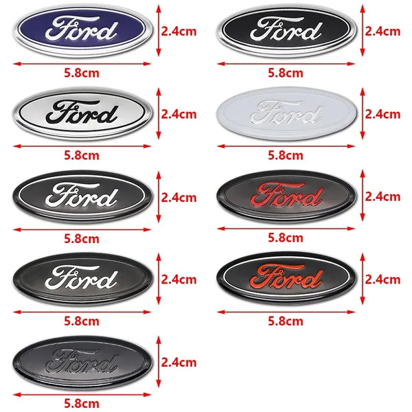 A set of eight round steering wheel trim stickers for Ford vehicles in various colors including black, blue, silver, and red.