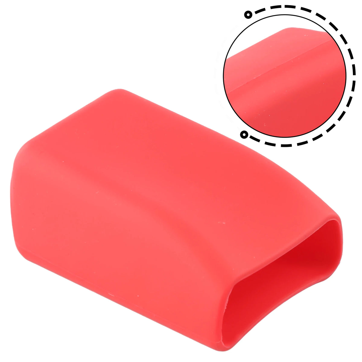 A bright red silicone seat belt buckle cover shown from above with a magnified view of the design.