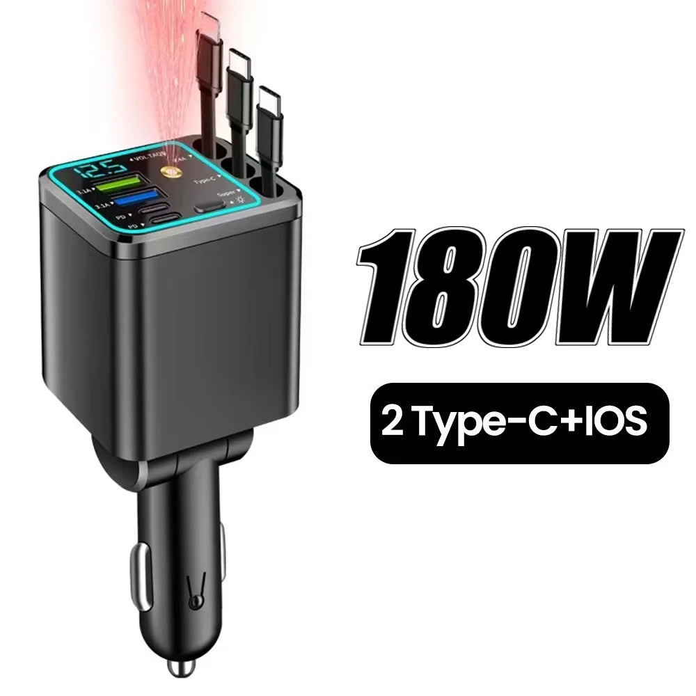 A black high-power car charger with multiple USB ports and a Type-C output, featuring an LED display.