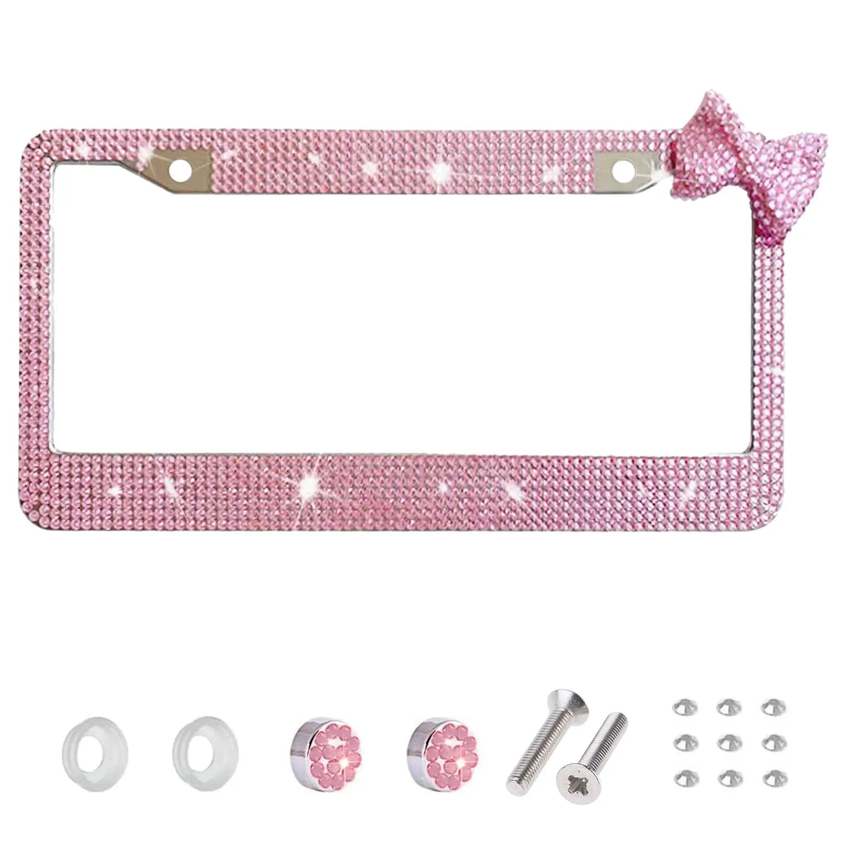 Pink glitter license plate frame with a bow accent and small mounting hardware.