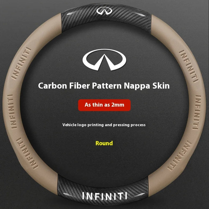 A round steering wheel cover made of carbon fiber patterned nappa skin for Infiniti vehicles.
