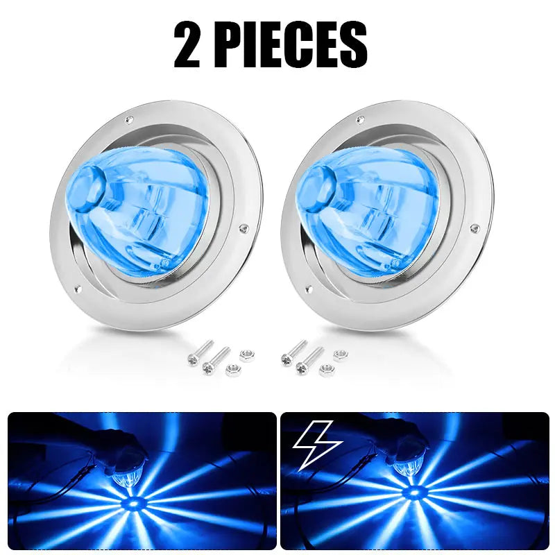 Two pieces of heavy duty LED marker strobe lights with blue lenses and wiring connections.