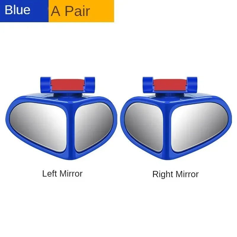 A pair of blue 360° adjustable car blind spot mirrors, showing the left and right mirror views.
